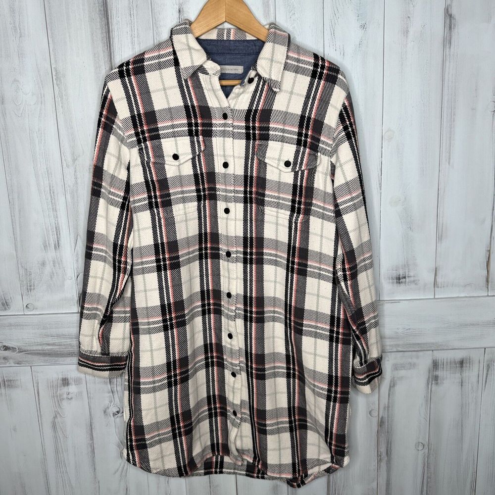WOMENS OUTERKNOWN COTTON‎ BLANKET SHIRT DRESS GALAXY BLACK WHITE CORAL PLAID M